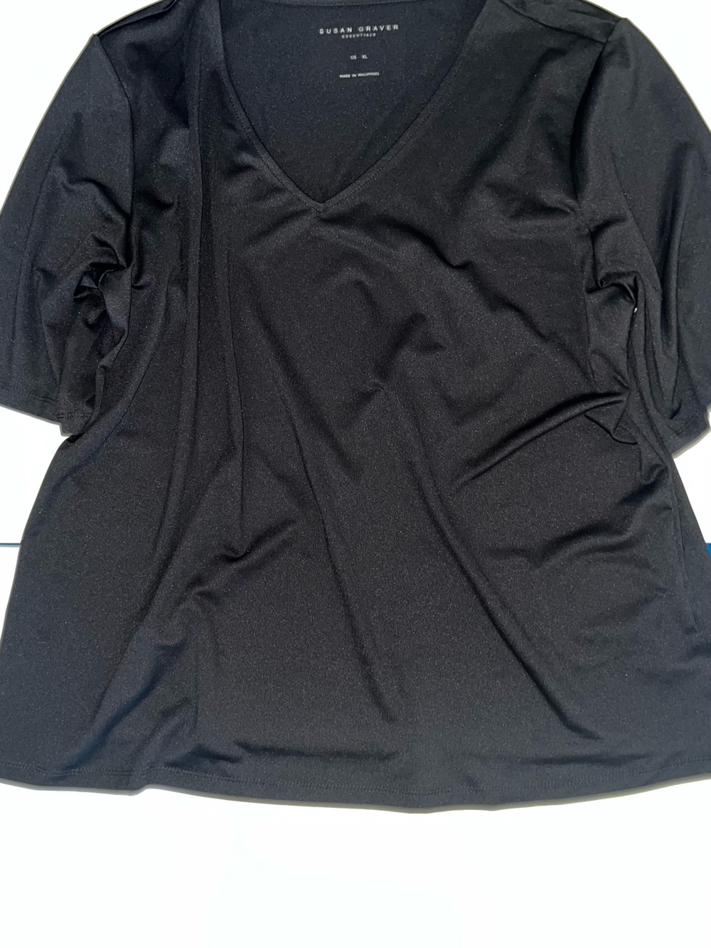 Susan Graver Black V-Neck Short Sleeve Tee with Draped Fit